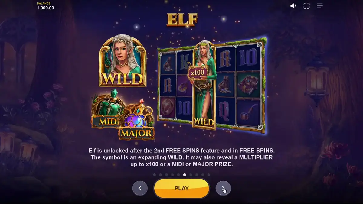Tampilan antarmuka seluler slot Land of Riches dengan karakter fantasi dan hutan mistis.