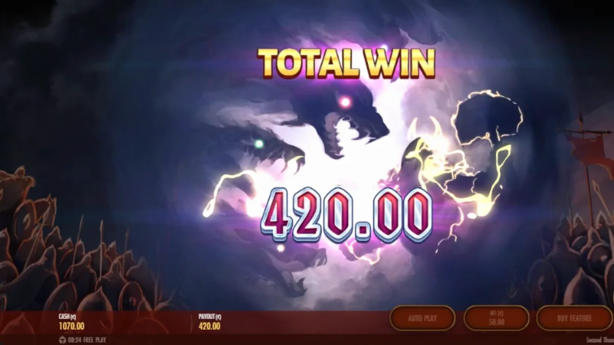 Tampilan visual slot Second Thunder dengan latar belakang medan perang musim dingin yang kelam