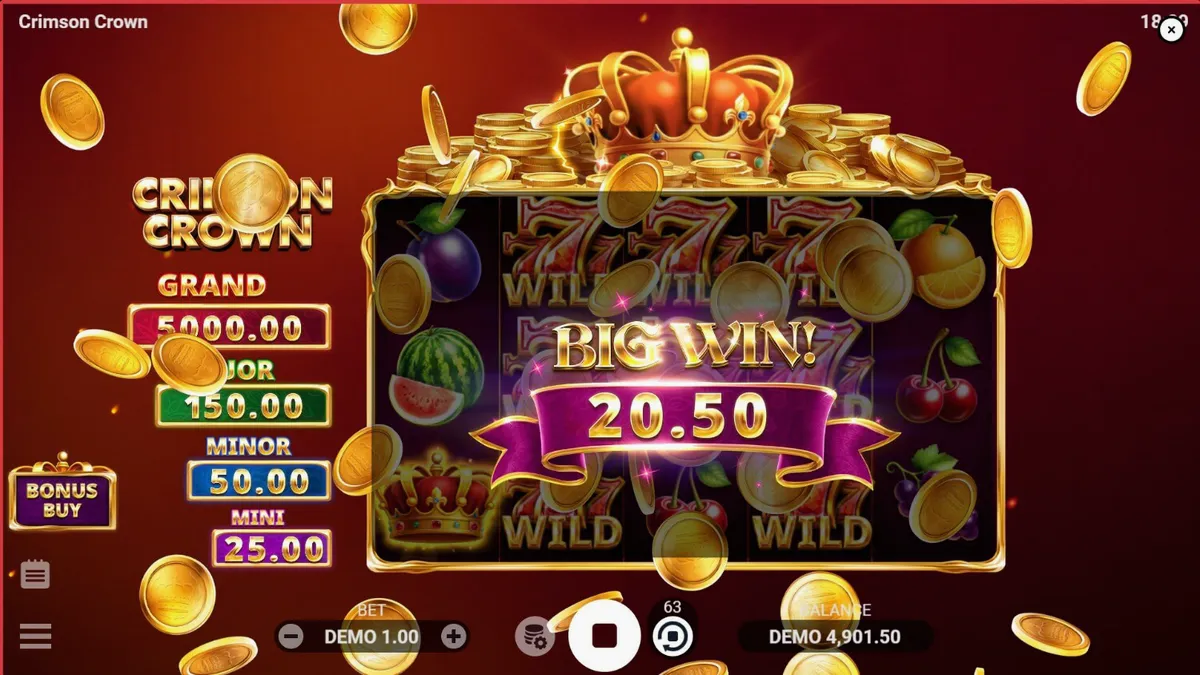 Tampilan visual mesin slot Crimson Crown dengan simbol buah dan mahkota emas yang mewah.